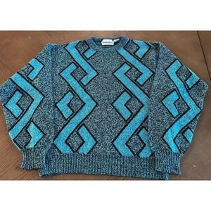 Vintage Gabrielle Sweater Teal Black Geometric Acrylic Crew Neck 80s - Men's‎ M